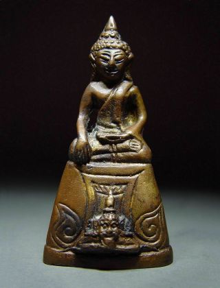 Antique Bronze Meditating Ayutthaya Buddha W/ Lersi Base.  Amulet - 19/20th C.