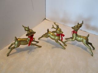Vintage Set 3 Plastic Deer Gold Tone Glitter Mid Century Christmas 7 " W Mcm