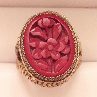 Antique Chinese Export Silver Carved Cinnabar Filigree Ring - Adjustable Size 7
