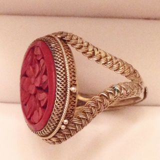 Antique Chinese Export Silver Carved Cinnabar Filigree Ring - Adjustable Size 7 2