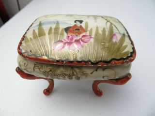 Antique Japan Hand Painted Gold Geisha Porcelain Footed Jewelry Trinket Box