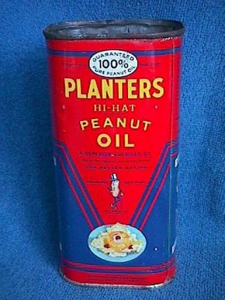 Planters Hi - Hat One Pint Peanut Oil Red Blue Yellow Tin Can No Lid Mr.  Peanut