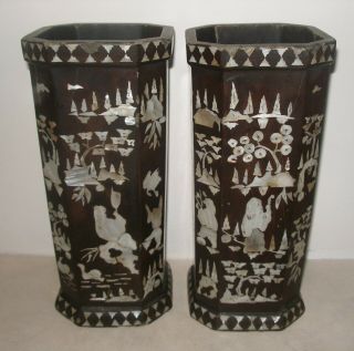 19th Century Antique Chinese Black Lacquer Vases With Mother Of Pearl De