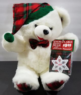 1991 Snowflake Christmas Teddy Bear - 22in Plush White - Boy With Tags