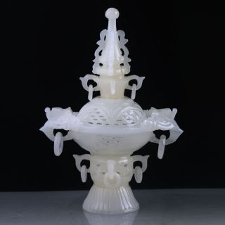 Collectible Chinese Afghanistan Jade Hand Carved Dragon Incense Burner&lid Rn19