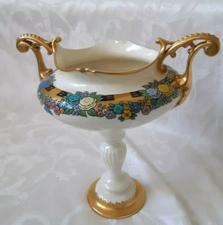 Fine Lenox Belleek Handpainted Ornate Compote Bowl Centerpiece Vase Signed 9.  5 "