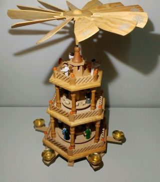 Vintage 3 - Tier Christmas Candle Nativity Scene Wooden Windmill Carousel.  15 "