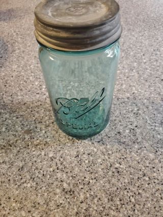Old Vintage Wide Mouth Blue Glass Quart Ball Special Canning Jar Zinc Lid