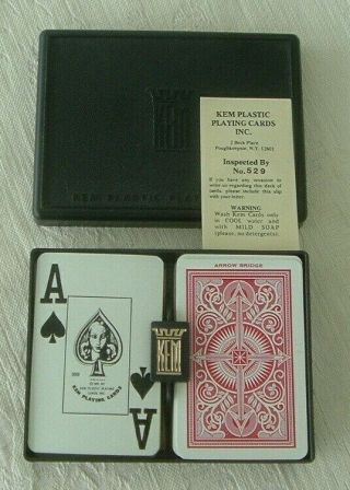 Two Vintage Decks Kem Plastic Playing Cards In Black Case & Kem Tab
