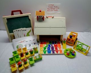 Vintage Fisher Price Little People Play Family School Bus And Play Desk Complete