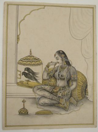 Vintage Ornate Portrait Of An Indian Woman Painting Birds/cage Jewelry 7x9.  5 "