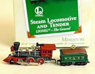 Set Of Two Keepsake Miniature Ornaments - Steam Locomotive And Tender - 2002