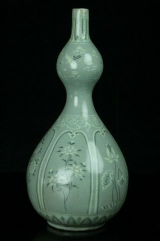 Oct334f Korean Goryeo Celadon Porcelain Gourd Type Bottle White&black Inlay