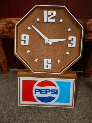 Vintage 1990s Pepsi Advertising Faux Wood Wall Clock With Embossed Numbers