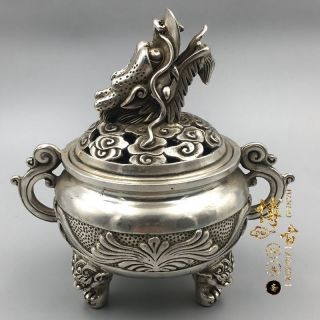 Old Chinese Tibetan Silver Hand - Carved Dragon Three Foot Incense Burner