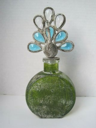 Round Green Glass Bottle With Soldered Removable Stopper Of A Peacock
