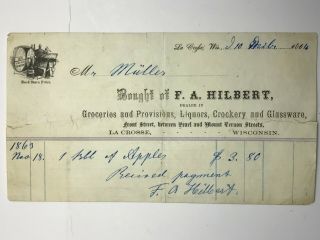 1864 Receipt For A Barrell Of Apples From F A Hilbert Groceries In Lacrosse Wi