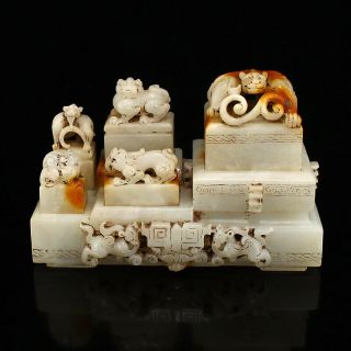 A Set Five Chinese Hetian Jade Divine Beasts Seals