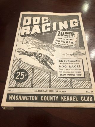 1959 Dog Racing Program Washington County Kennel Club Greyhounds 10 Races