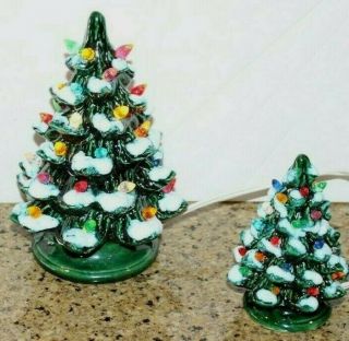 Vintage Ceramic Snow Capped/flocked Christmas Tree Set Of 2 Small Size Lighted