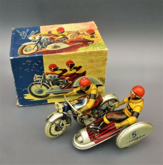 Tippco Wind - Up Tin Toy Sidecar Motorcycle Silver Racer Made In Us Zone Germany