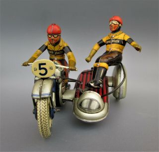 TIPPCO Wind - Up Tin Toy Sidecar Motorcycle SILVER RACER Made in US zone GERMANY 3
