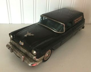 Vintage Tin Toy Bandai 56 Chevy Sedan Delivery - Newspaper Delivery - Litho - Fricti