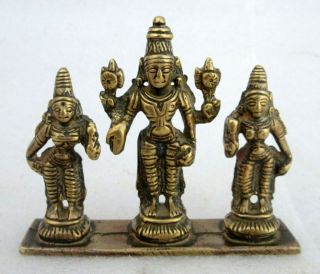 Antique Old Hand Carved Brass Hindu South Indian God Vishnu With Goddess Statue