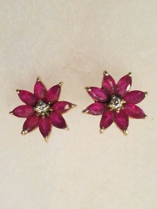 Estate Vintage 14k Yellow Gold Ruby & Diamond Earrings Flower