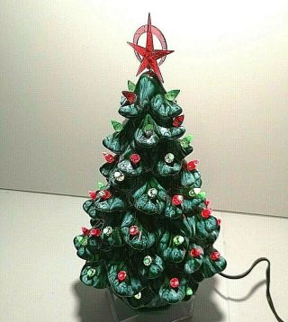 12 " Vintage Glazed Ceramic Christmas Tree Lights Up Snow On Bows Red Green Light