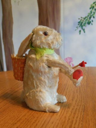 German Antique Mohair White Bunny Rabbit Mechanical Windup With Candy Container