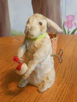 German Antique Mohair White Bunny Rabbit Mechanical Windup with Candy Container 2