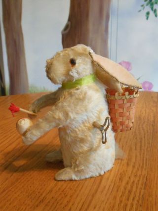 German Antique Mohair White Bunny Rabbit Mechanical Windup with Candy Container 3