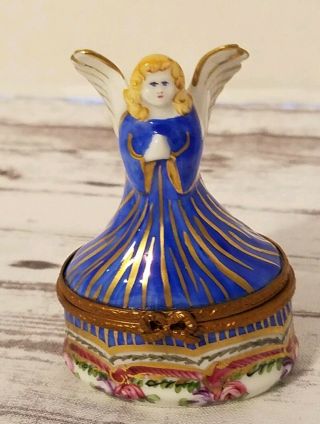 Limoges France Peint Main Trinket Box Angel Wings Blue Hinged