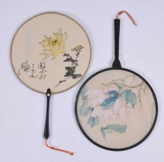 Antique Set Of Two Chinese Hand Painted Fans With Flowers On Silk