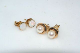 2 Pair 14k Yellow Gold Stud Earrings Pearl Opal