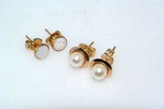2 Pair 14k Yellow Gold Stud Earrings Pearl Opal 3