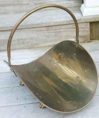 Vintage Large Brass Log Basket Holder Carrier Fireplace Accessory Footed