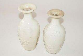 2x 19c Chinese White Crackled Glaze Miniature Molded Vases W.  Floral Motif