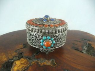 Tibetan.  925 Sterling Silver Filigree 2.  5 " Trinket Box Turquoise Coral Lapis