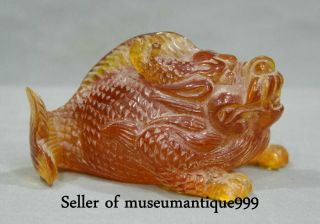 6 " Old Chinese Amber Hand Carved Feng Shui Dragon Head Fish Body Lucky Statue