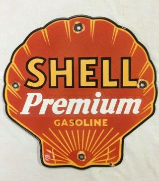 Vintage Porcelain Shell Premium Gasoline 12” X 12” Enamel Sign.