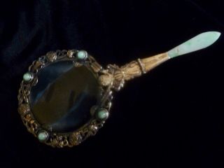 Antique Chinese Export Silver Magnifying Glass W/ Jade Folding Hinged Handle