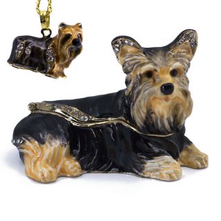 Bejeweled Enameled Pewter Yorkshire Terrier Yorkie Trinket Box With Necklace
