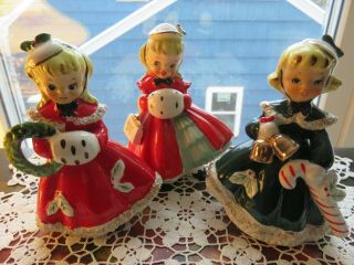 Three Vintage Napco Japan Christmas Collectible Shopper Girls Ceramic Figurines