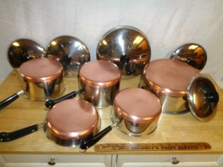 10 Vintage Revere Ware 1801 Copper Clad 1 Skillet 3 Sauce Pan 1 Stock Pot 5 Lids
