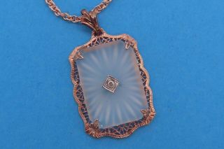 Vintage Rose Gold Art Deco Camphor Glass Diamond Filigree Pendant Charm & Chain