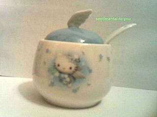 Htf 2000 Sanrio Hello Kitty Angel Wings Ceramic Pottery Sugar Pot & Spoon W/ Box
