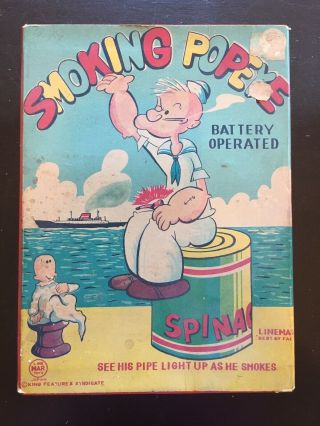 1940s or 50s Tin Litho Smoking Popeye Toy w/ Box Linemar Battery Operated 3