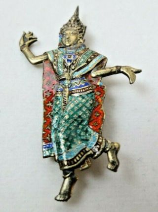 Ornate Vintage Siam Sterling Silver Enamel Decorated Lady Pin Brooch